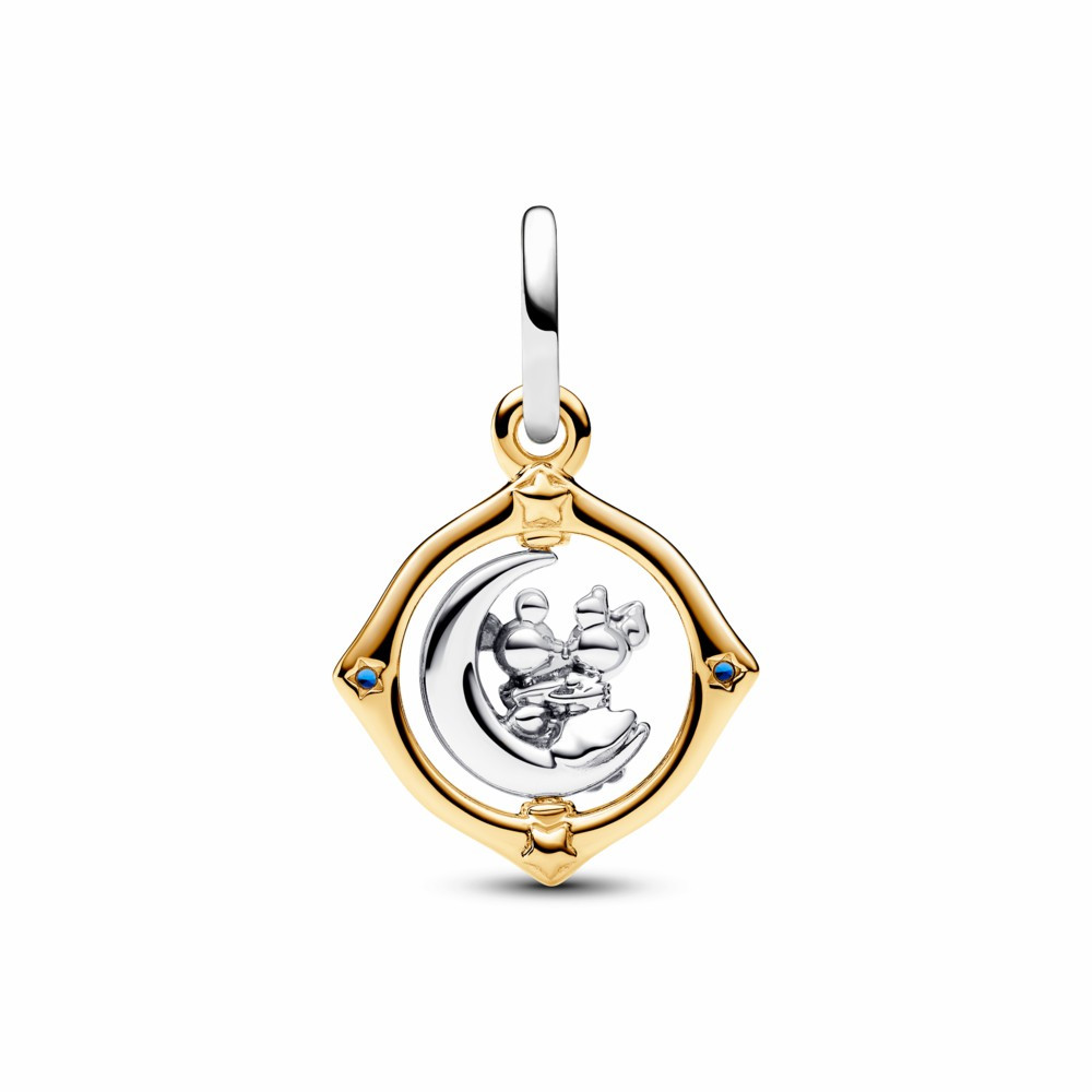 Charm colgante Pandora Shine con forma de luna giratoria en dos tonos de Mickey y Minnie Mouse de Disney