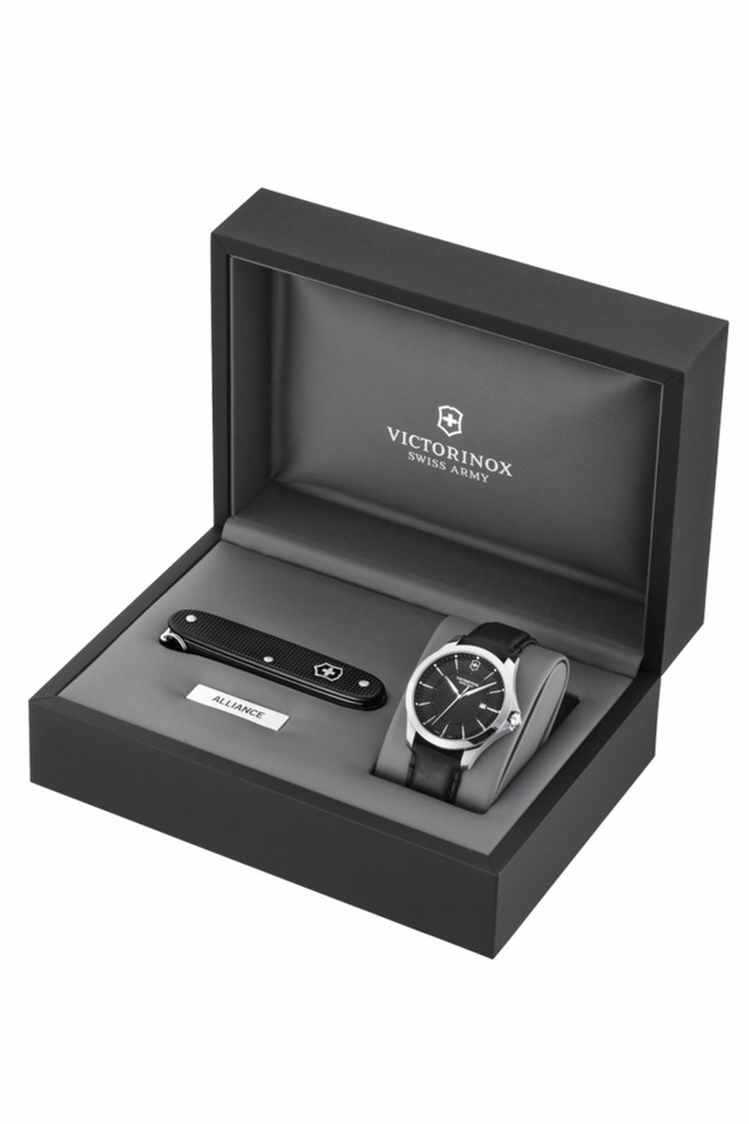 Juego de reloj Victorinox Alliance Correa cuero y esfera negra con navaja suiza negra