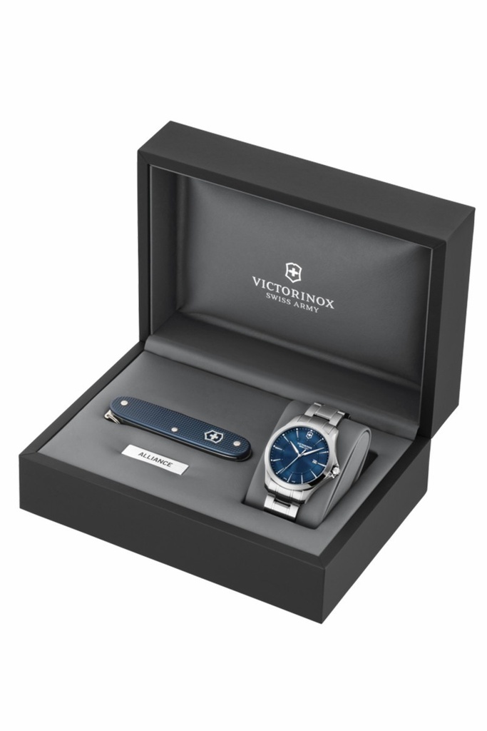 Juego de reloj Victorinox Alliance acero inox y esfera azul con navaja suiza azul