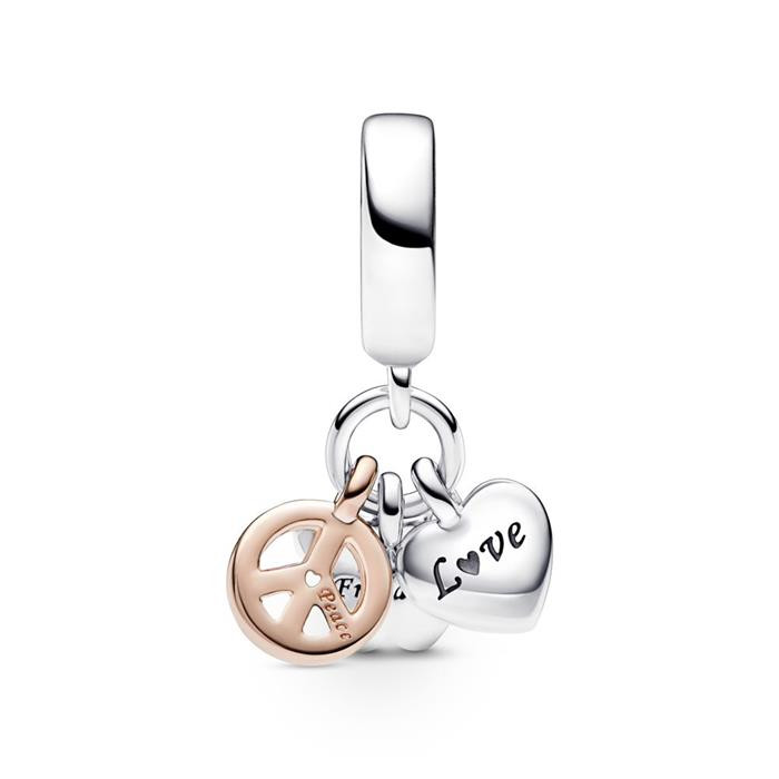 Charm colgante triple Pandora corazón arcoíris, maripoza y paz