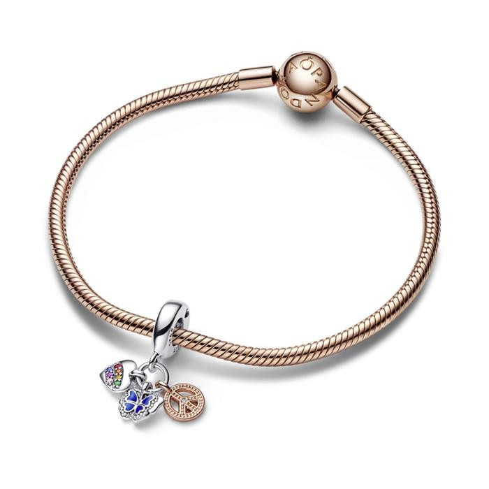 Charm colgante triple Pandora corazón arcoíris, maripoza y paz