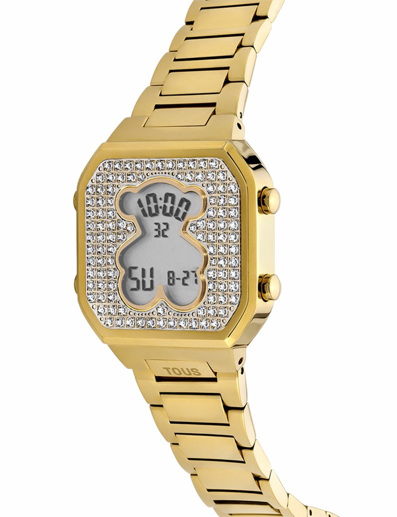 Reloj Tous digital con brazalete de acero IP dorado y circonitas D-Bear