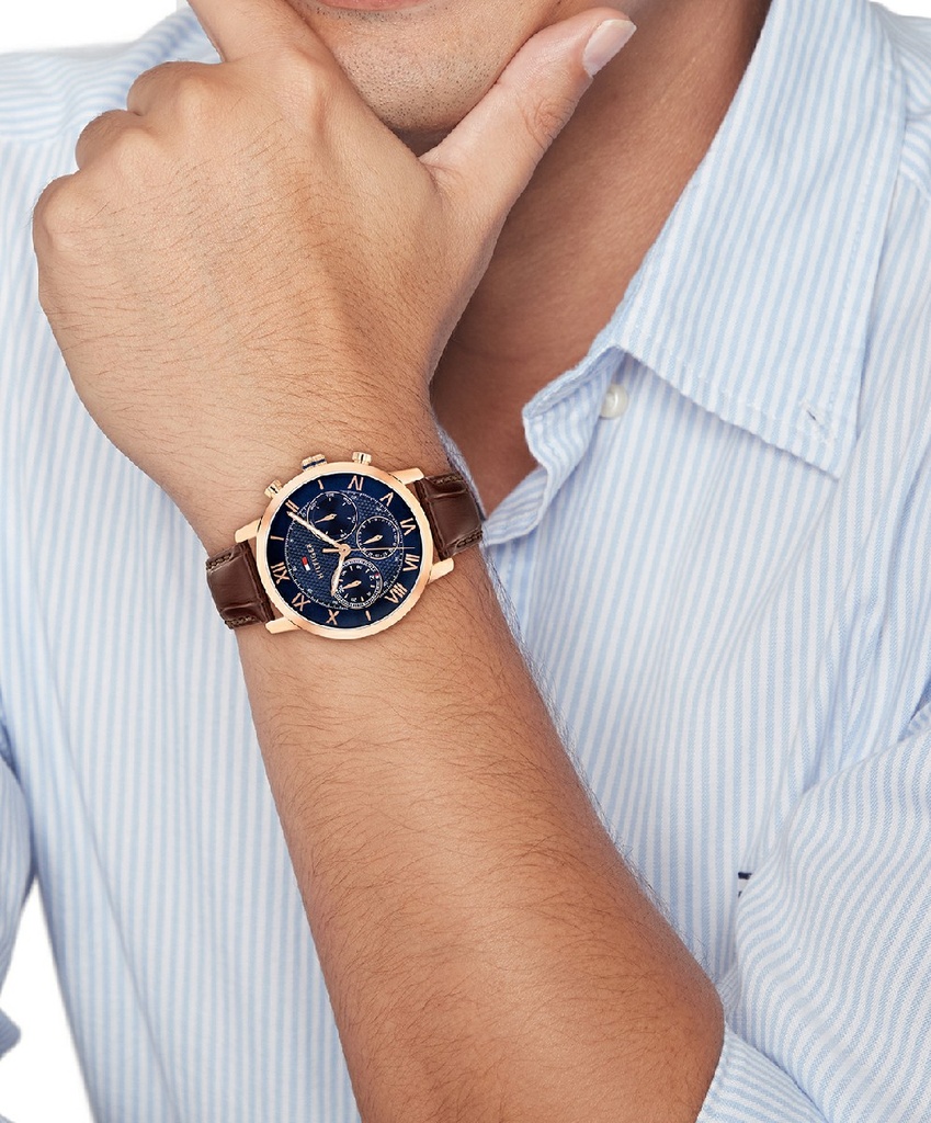 Reloj Tommy Hilfiger Hombre Caja Acero Rosado Correa Marrón 1710727