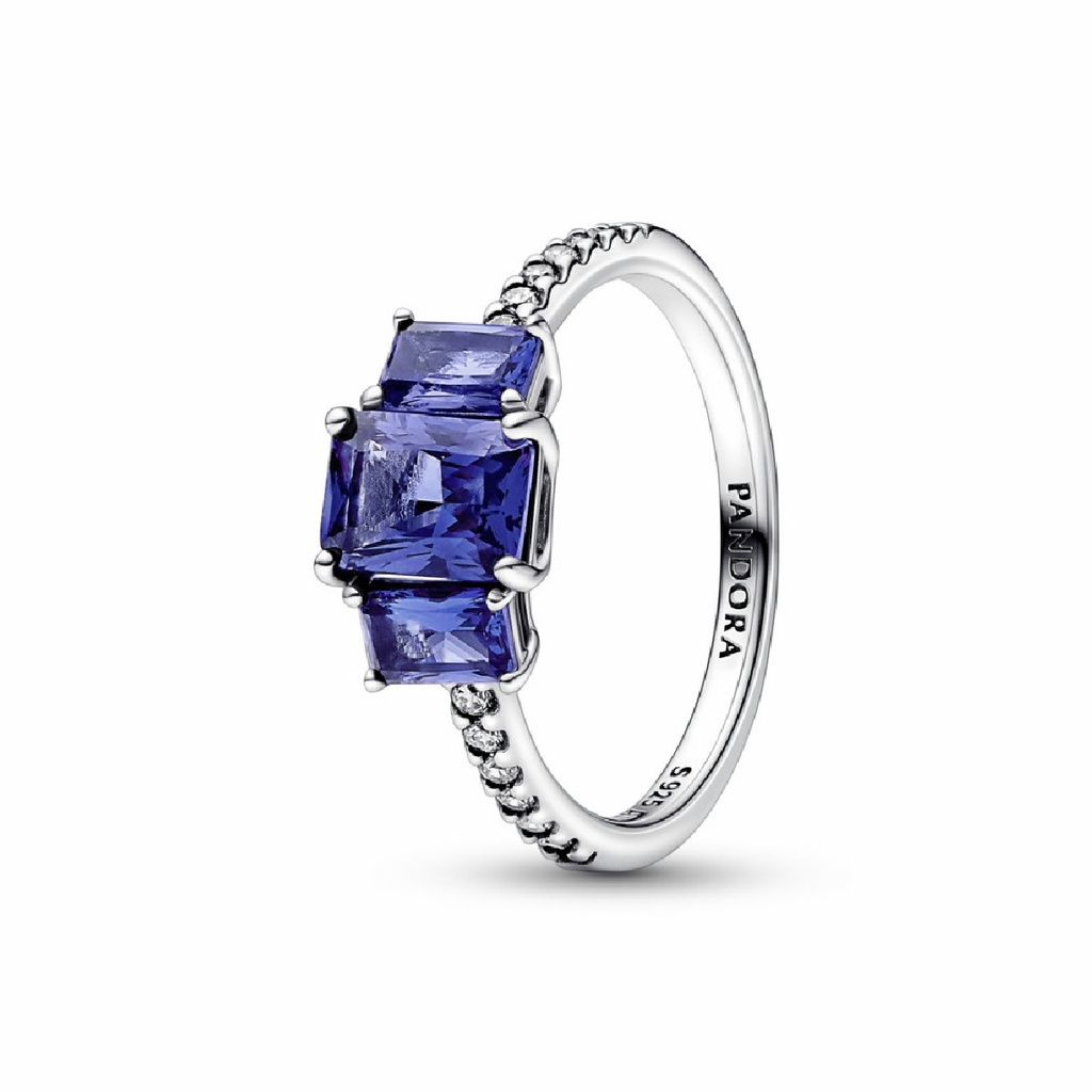 Anillo Pandora Brillante Tres Gemas Azules Rectangulares
