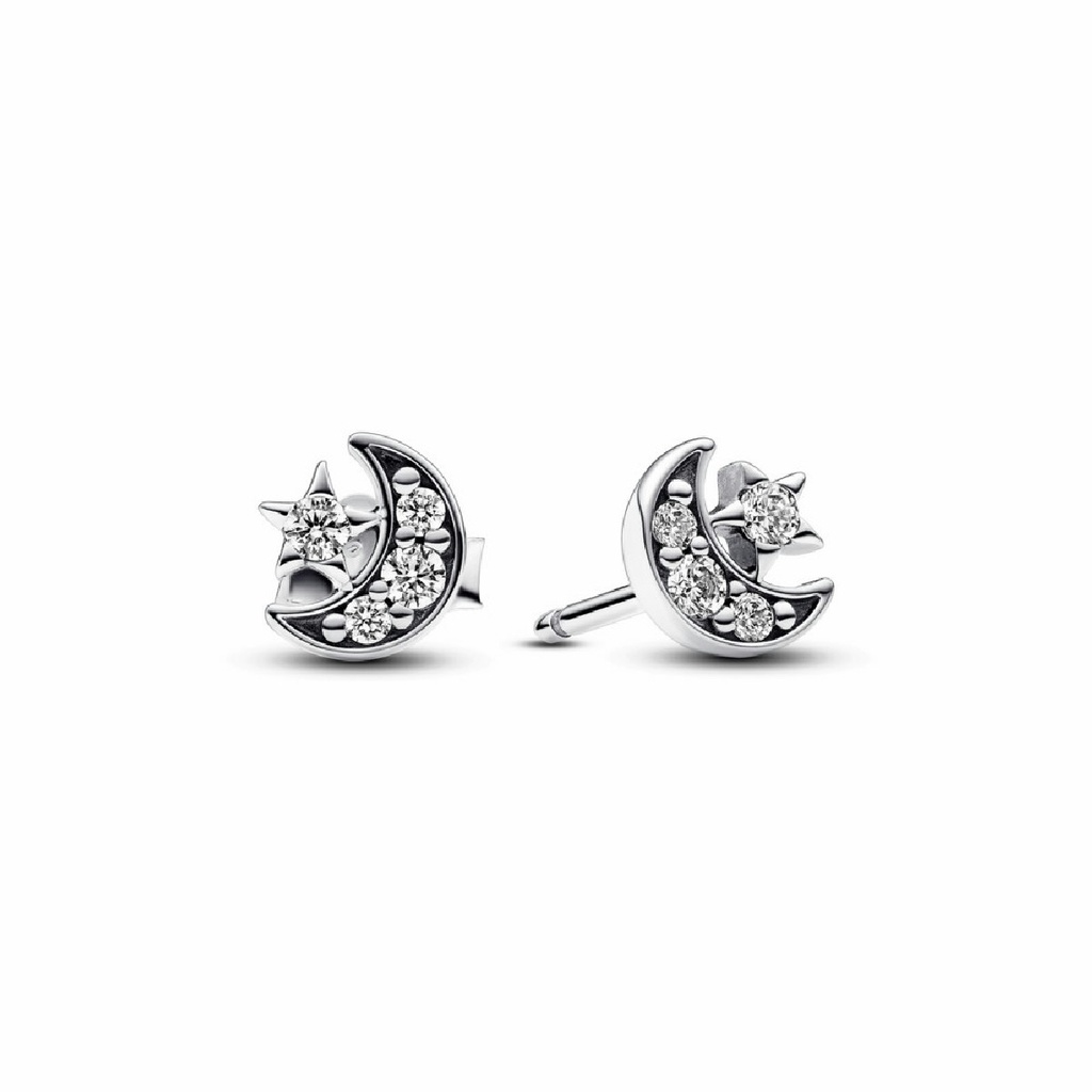 Pendientes Pandora de Botón Luna y Estrellas Brillantes
