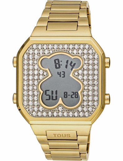 Reloj Tous digital con brazalete de acero IP dorado y circonitas D-Bear