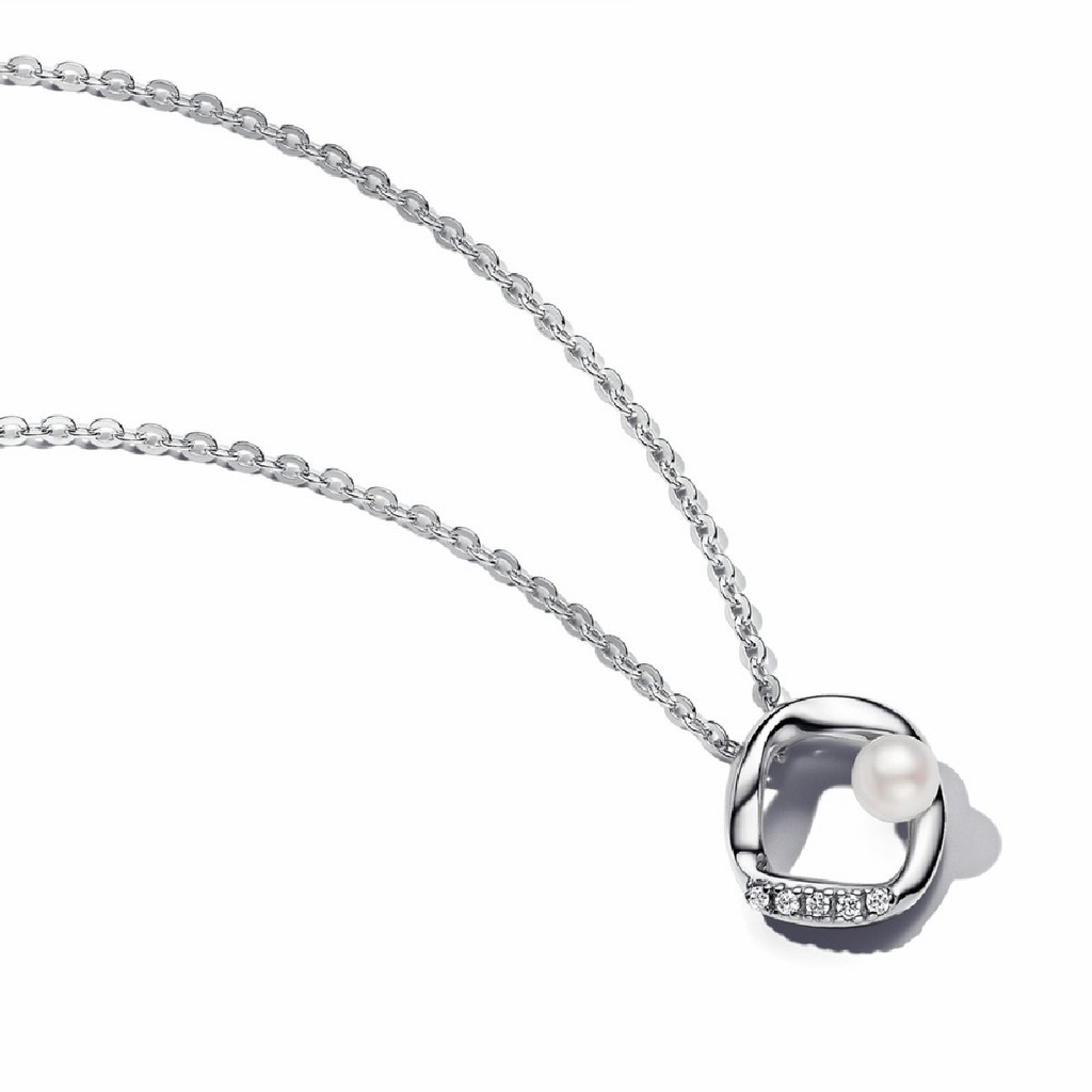 Collar Pandora Círculo Forma Orgánica en Pavé y Perla Cultivada de Agua Dulce Plata