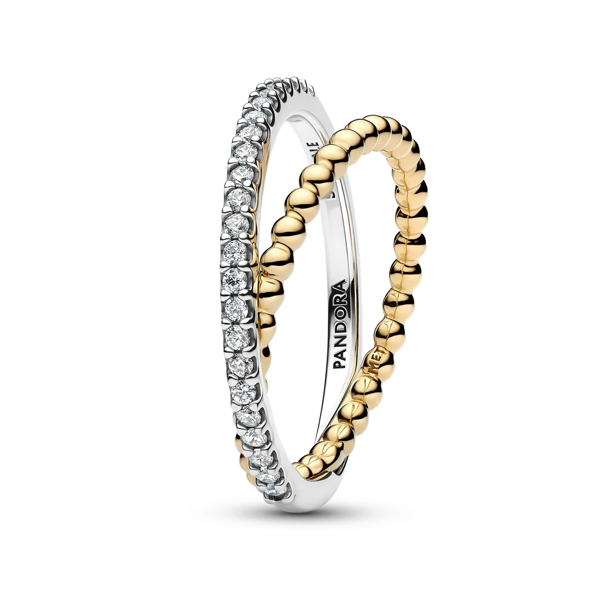 Anillo en plata de ley y con un recubrimiento en oro de 14k Banda Doble Cruzada Cuentas y Pavé