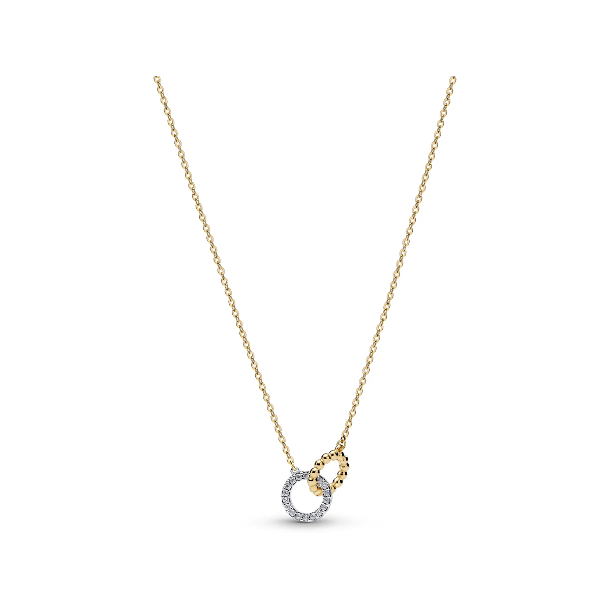 Collar en plata de ley y con un recubrimiento en oro de 14k Círculos Entrelazados Cuentas y Pavé