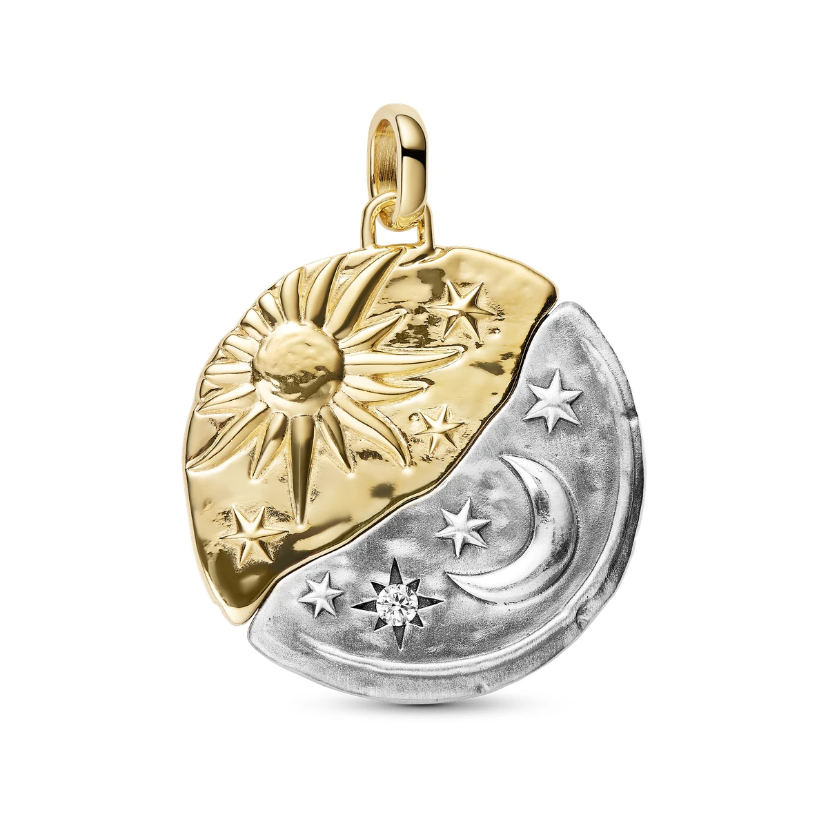 Charm Medallón Grande en plata de ley y con un recubrimiento en oro de 14k Sol y Luna