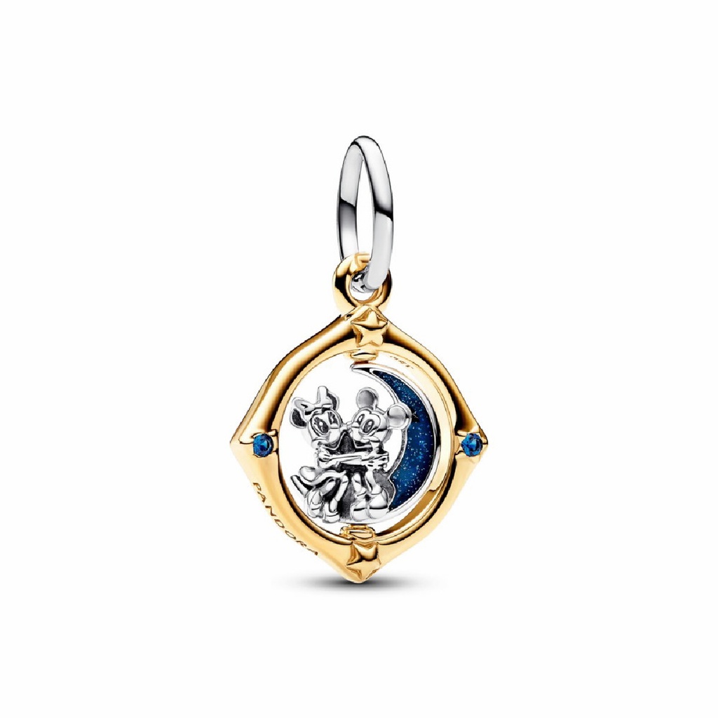 Charm colgante Pandora Shine con forma de luna giratoria en dos tonos de Mickey y Minnie Mouse de Disney