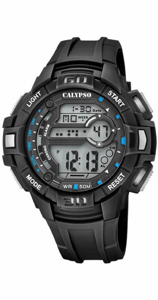 Reloj Calypso digital Hombre correa caucho negro y detalles en azul