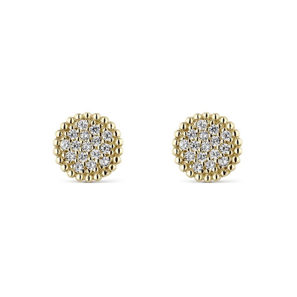 PENDIENTES LITTA FIORE PAVE CIRCONITAS BORDE PERLADO ORO AMARILLO