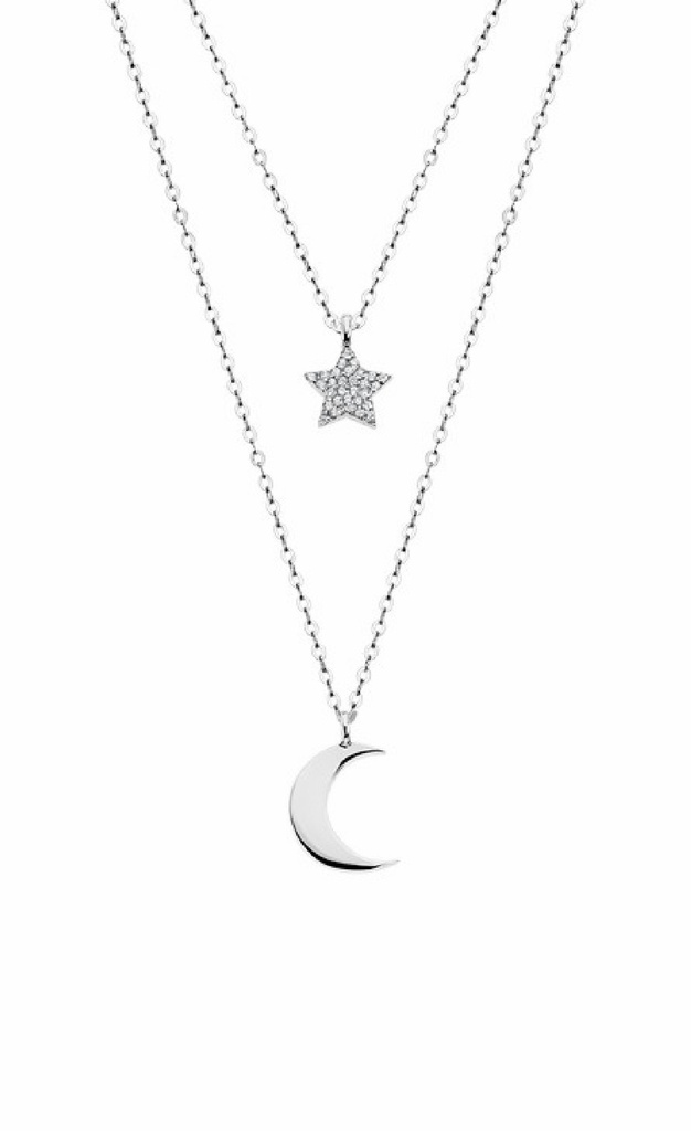 Collar Lotus Silver Trendy Doble Cadena Luna y Estrella Plata y Circonitas LP1680-1/4