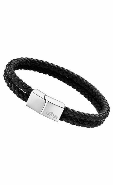 Pulsera Lotus style men basic para Hombre de acero inoxidable y piel trenzada negra