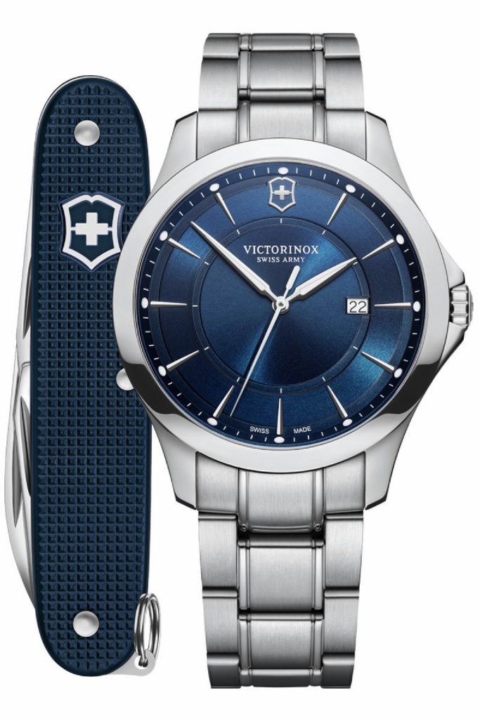 Juego de reloj Victorinox Hombre Alliance acero inox y esfera azul con navaja suiza azul