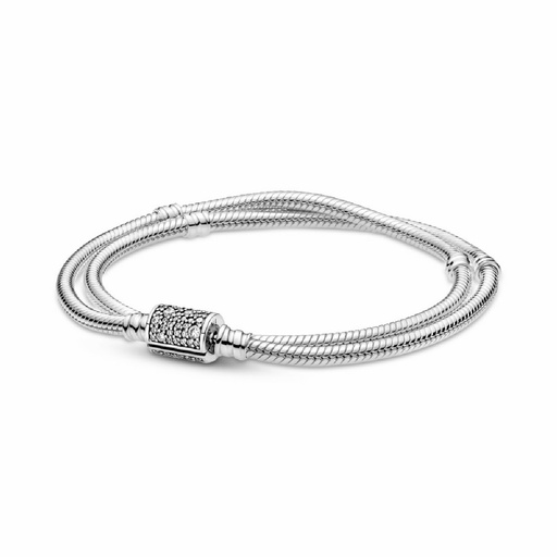 Pulsera Pandora Moments Doble Cadena y Cierre de Barril Pave