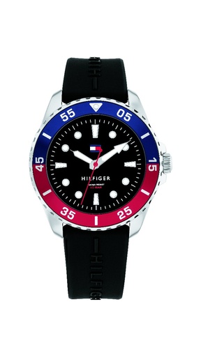 [1720046] Reloj Tommy Hilfiger Niño Boys Comunion Analógico Silicona Negra y Dial Azul y Rojo 1720046