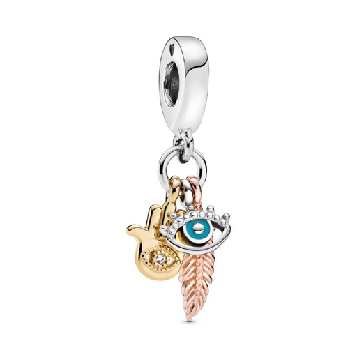 [768785C01] Charm Pandora Colgante Mano de Fátima, Ojo Turco y Pluma