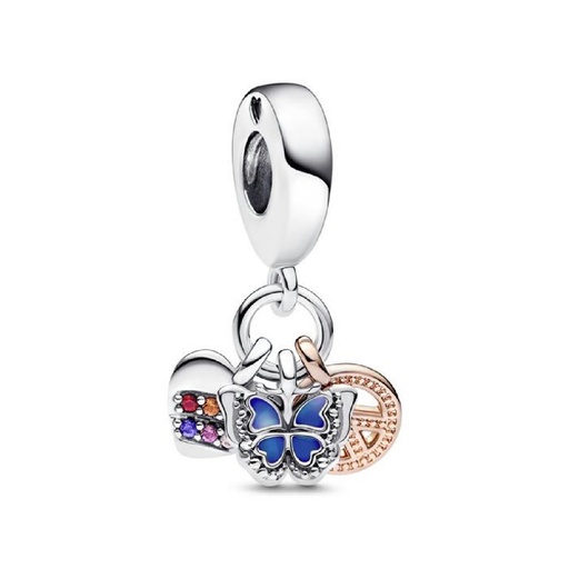 [782572C01] Charm colgante triple Pandora Corazón Arcoíris, Mariposa y Paz
