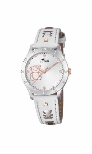 [18657/A] Reloj Lotus Junior Niña Piel Blanca y Esfera Plateada con Osito 18657/A