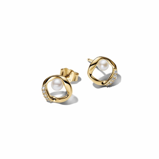 [264662C01] Pendientes Pandora de Botón Círculo Forma Orgánica en Pavé y Perla Cultivada de Agua Dulce 264662C01