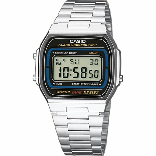 [A164WA-1VES] Reloj Casio Vintage Unisex Iconic Plateado Esfera Negra A164WA-1VES