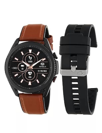 [B57011/2] Reloj Inteligente Marea Hombre Correa Piel Marrón y Silicona Negra de regalo