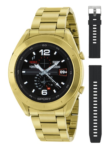 [B58004/3] Reloj Inteligente Marea Hombre Correas Intecambiables Acero Dorado y Silicona negra