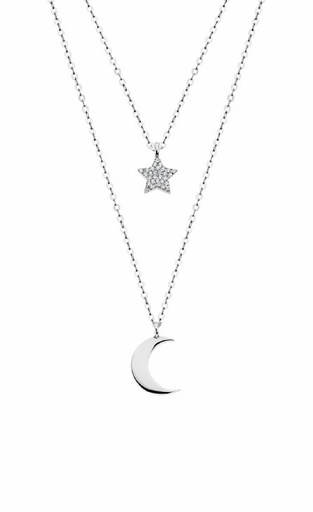 [LP1680-1/4] Collar Lotus Silver Trendy Doble Cadena Luna y Estrella Plata y Circonitas