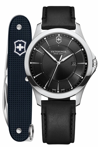 [V241904.1] Juego de reloj Victorinox Hombre Alliance Correa cuero y esfera negra con navaja suiza negra